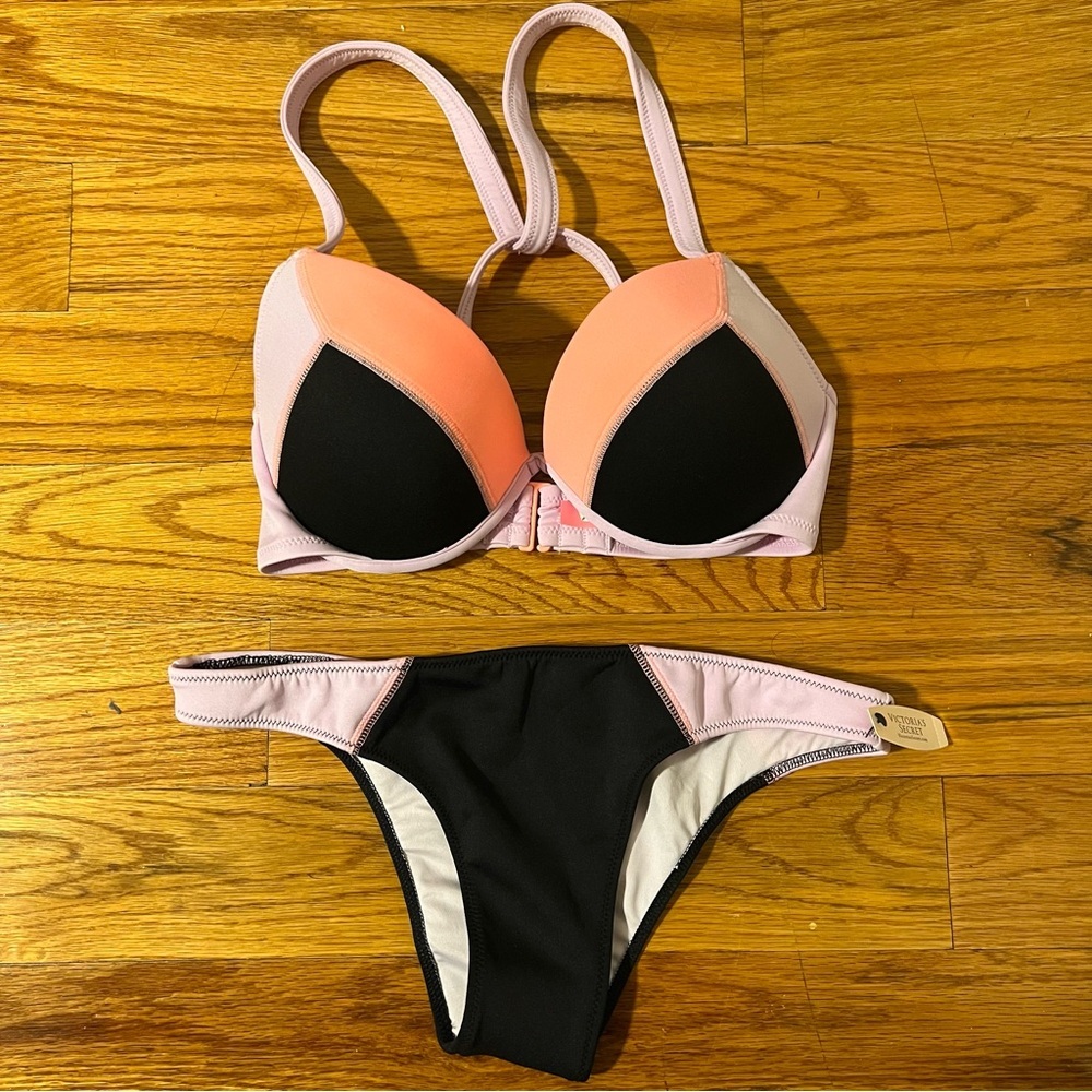 Victoria's Secret Pink Peach and Black Colorblock Bikini
